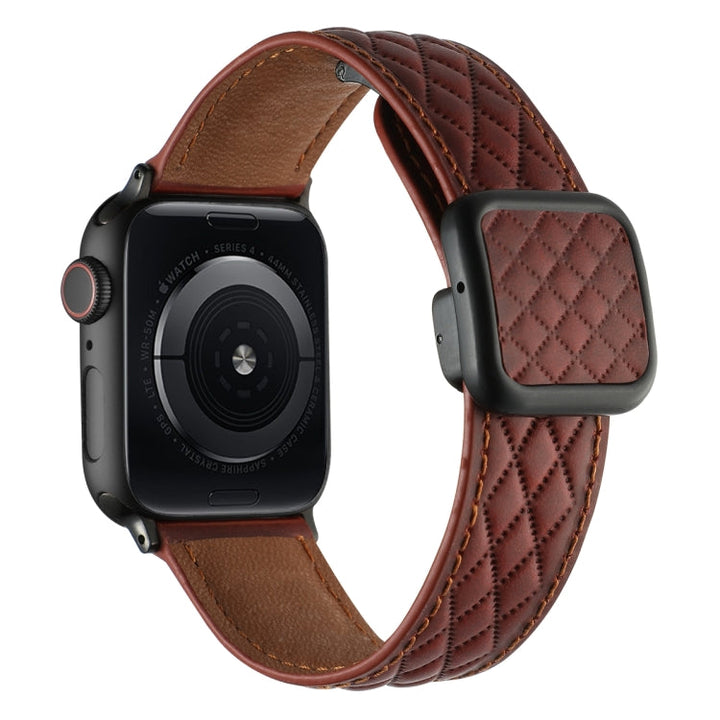 Lisslune | For Apple Watch Ultra 49mm Rhombus Pattern Magnetic Square Buckle Leather Watch Band (Red)