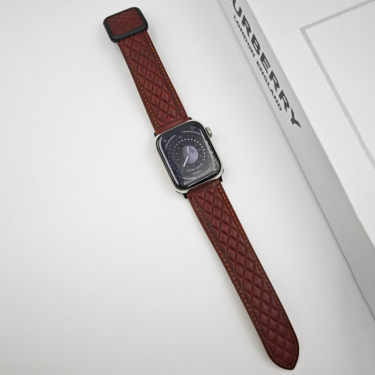 Lisslune | For Apple Watch Ultra 49mm Rhombus Pattern Magnetic Square Buckle Leather Watch Band (Red)