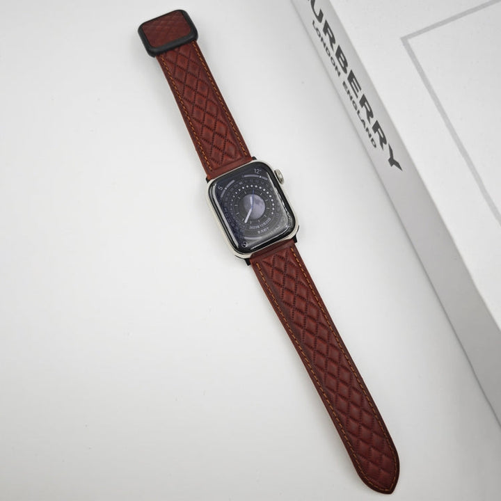 Lisslune | For Apple Watch Ultra 49mm Rhombus Pattern Magnetic Square Buckle Leather Watch Band (Red)