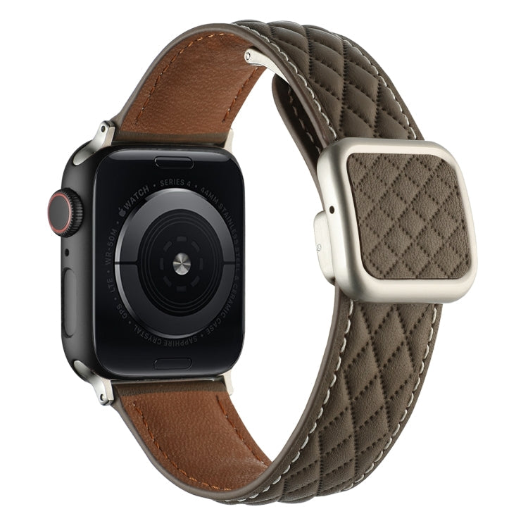 Lisslune | For Apple Watch Ultra 49mm Diamond Pattern Magnetic Square Buckle Leather Strap (Brown)