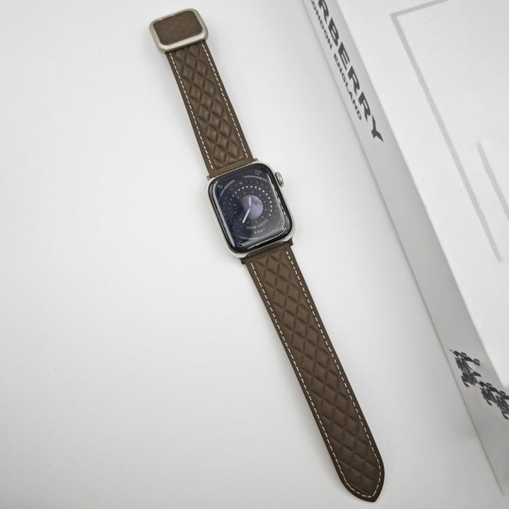 Lisslune | For Apple Watch Ultra 49mm Diamond Pattern Magnetic Square Buckle Leather Strap (Brown)