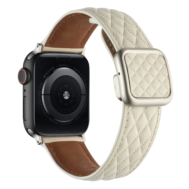 Lisslune | For Apple Watch SE 44mm Rhombus Pattern Magnetic Square Buckle Leather Strap (Creamy White)