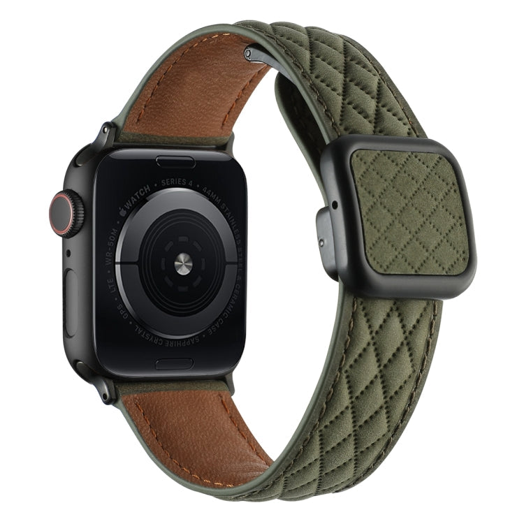 Lisslune | For Apple Watch 42mm Rhombus Pattern Magnetic Square Buckle Leather Watch Band (Army Green)