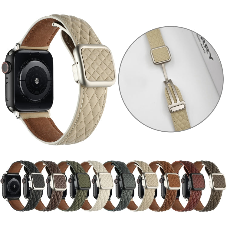 Lisslune | For Apple Watch Ultra 49mm Rhombus Pattern Magnetic Square Buckle Leather Watch Band (Army Green)