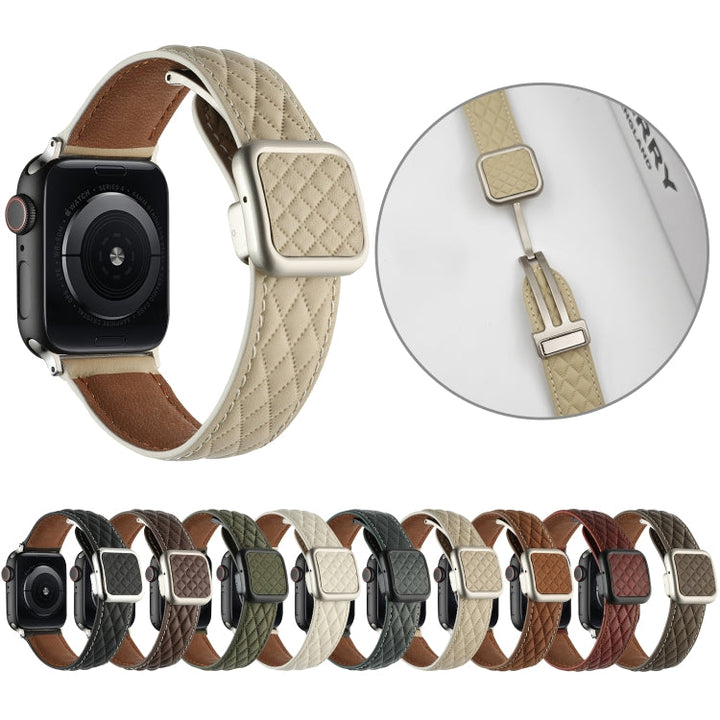 Lisslune | For Apple Watch Ultra 49mm Rhombus Pattern Magnetic Square Buckle Leather Watch Band (Red)