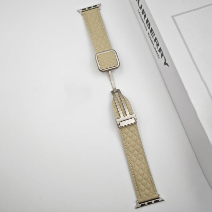 Lisslune | For Apple Watch Ultra 49mm Rhombus Pattern Magnetic Square Buckle Leather Watch Band (Red)