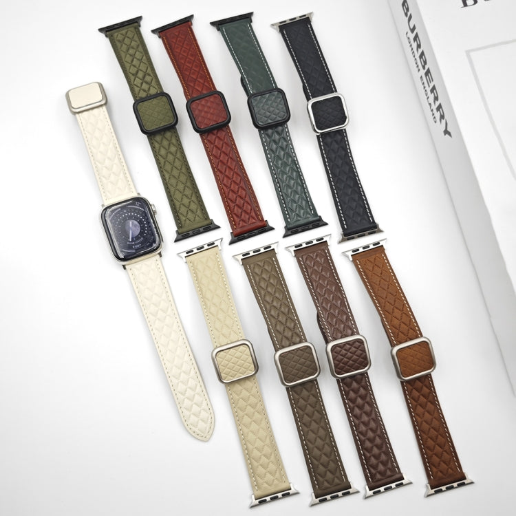 Lisslune | For Apple Watch Ultra 49mm Rhombus Pattern Magnetic Square Buckle Leather Watch Band (Creamy White)