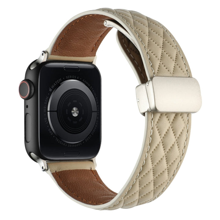 Lisslune | For Apple Watch Series 9 41mm Diamond Pattern Magnetic Foldover Leather Watch Band (Starlight Color)