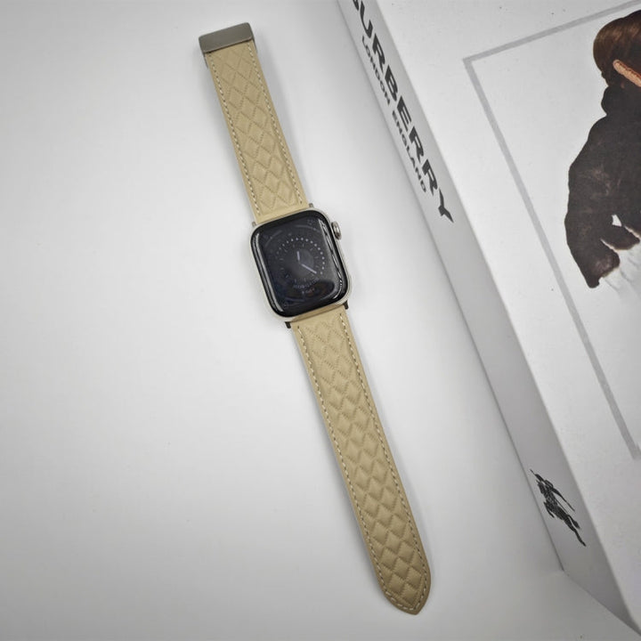 Lisslune | For Apple Watch Series 9 41mm Diamond Pattern Magnetic Foldover Leather Watch Band (Starlight Color)