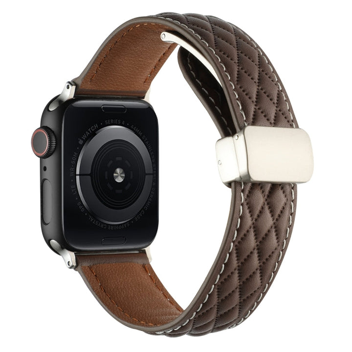 Lisslune | For Apple Watch Ultra 49mm Diamond Pattern Magnetic Folding Clasp Leather Watch Band (Dark Brown)