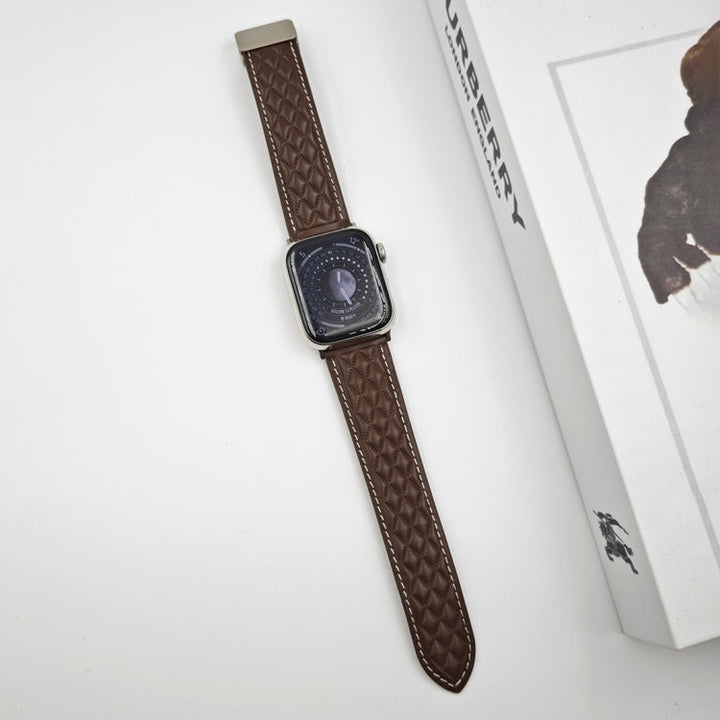 Lisslune | For Apple Watch Ultra 49mm Diamond Pattern Magnetic Folding Clasp Leather Watch Band (Dark Brown)