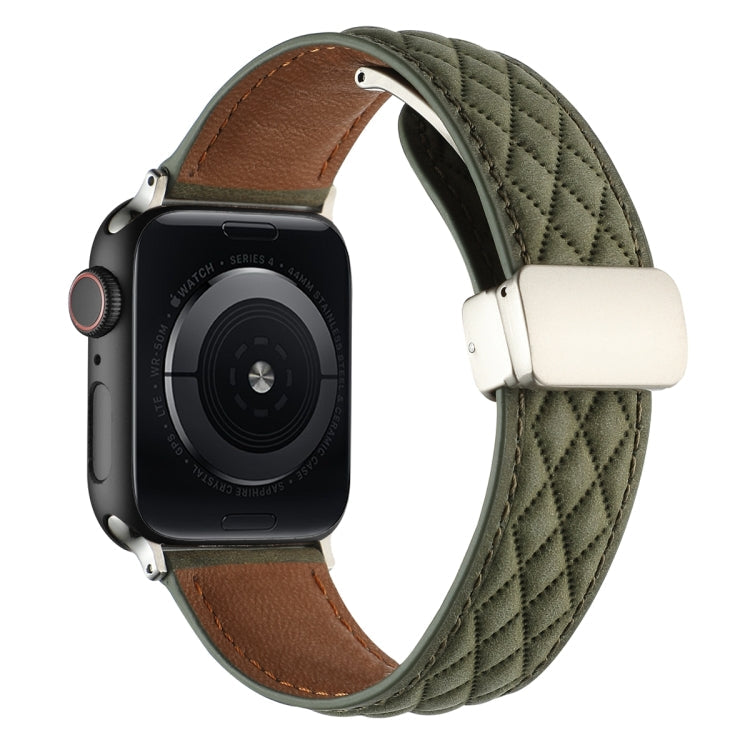 Lisslune | For Apple Watch Ultra 49mm Diamond Pattern Magnetic Buckle Leather Watch Band (Army Green)