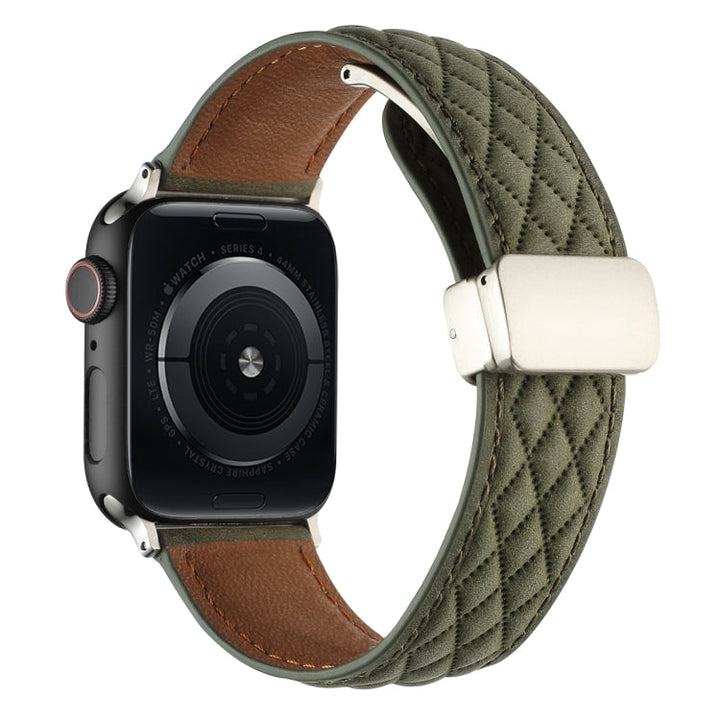 Lisslune | For Apple Watch Ultra 49mm Diamond Pattern Magnetic Buckle Leather Watch Band (Army Green)