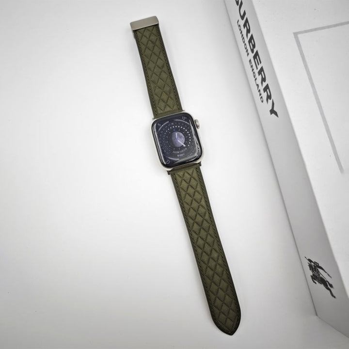 Lisslune | For Apple Watch Ultra 49mm Diamond Pattern Magnetic Buckle Leather Watch Band (Army Green)