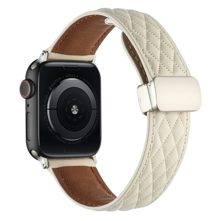 Lisslune | For Apple Watch Ultra 49mm Diamond Pattern Magnetic Folding Leather Watch Band (Creamy White)