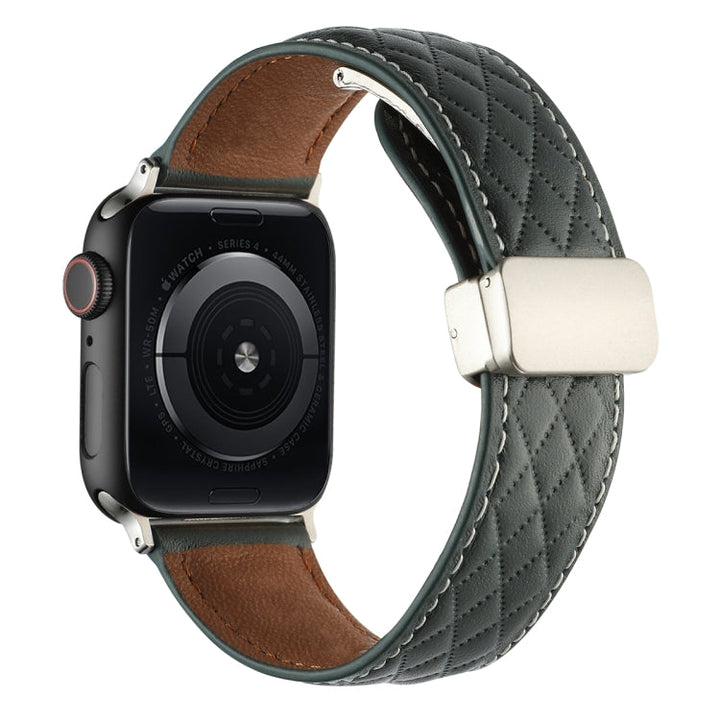 Lisslune | For Apple Watch Ultra 49mm Diamond Pattern Magnetic Folded Clasp Leather Watch Strap (Dark Green)