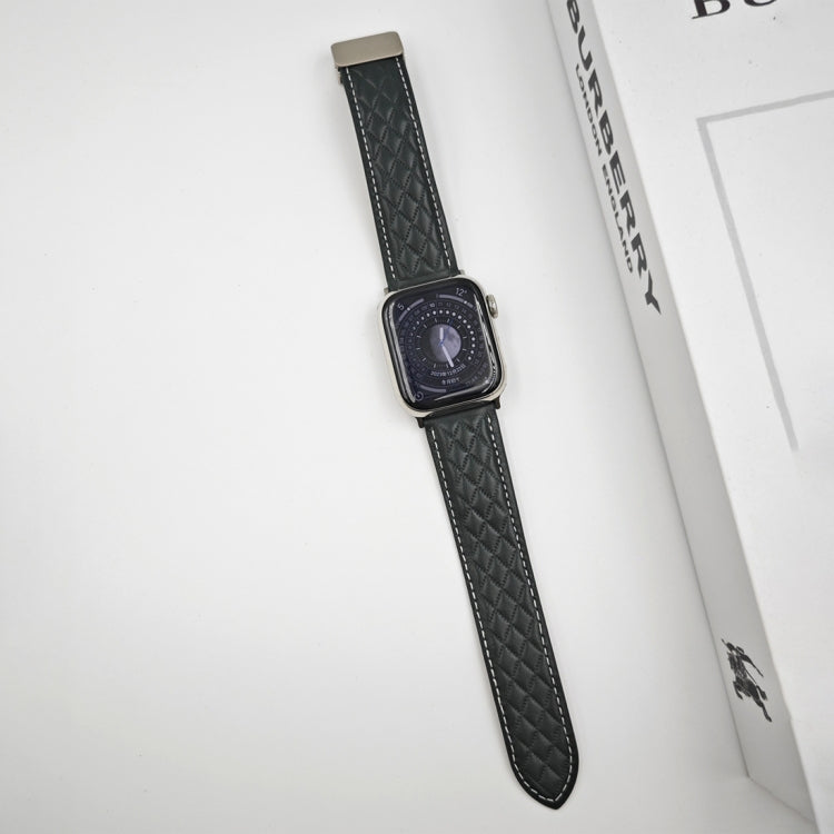 Lisslune | For Apple Watch Ultra 49mm Diamond Pattern Magnetic Folded Clasp Leather Watch Strap (Dark Green)