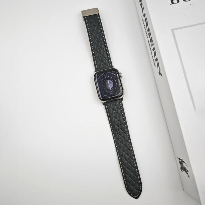 Lisslune | For Apple Watch Ultra 49mm Diamond Pattern Magnetic Folded Clasp Leather Watch Strap (Dark Green)