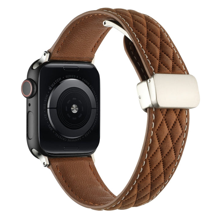 Lisslune | For Apple Watch Ultra 49mm Diamond Pattern Magnetic Clasp Leather Watch Band (Dark Brown)