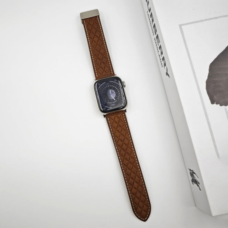 Lisslune | For Apple Watch Ultra 49mm Diamond Pattern Magnetic Clasp Leather Watch Band (Dark Brown)