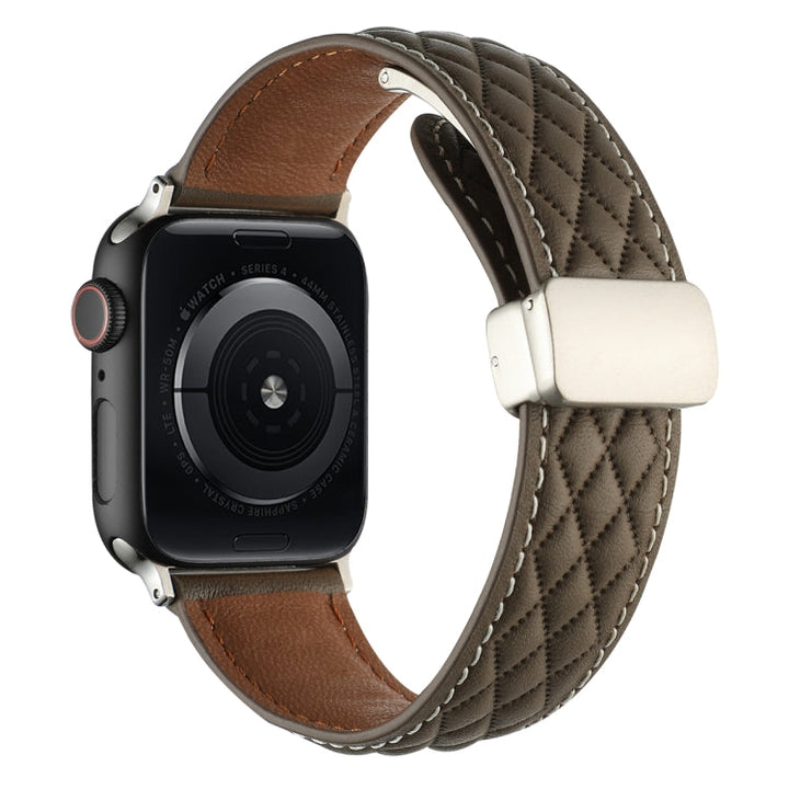 Lisslune | For Apple Watch Ultra 49mm Diamond Pattern Magnetic Buckle Leather Watch Band (Brown)