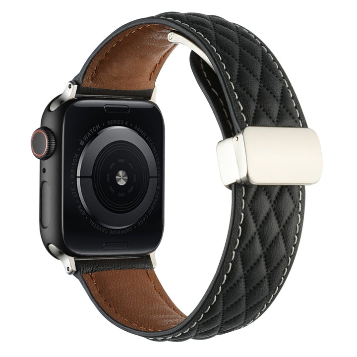 Lisslune | For Apple Watch Series 8 45mm Diamond Pattern Magnetic Foldover Leather Watch Band (Black)
