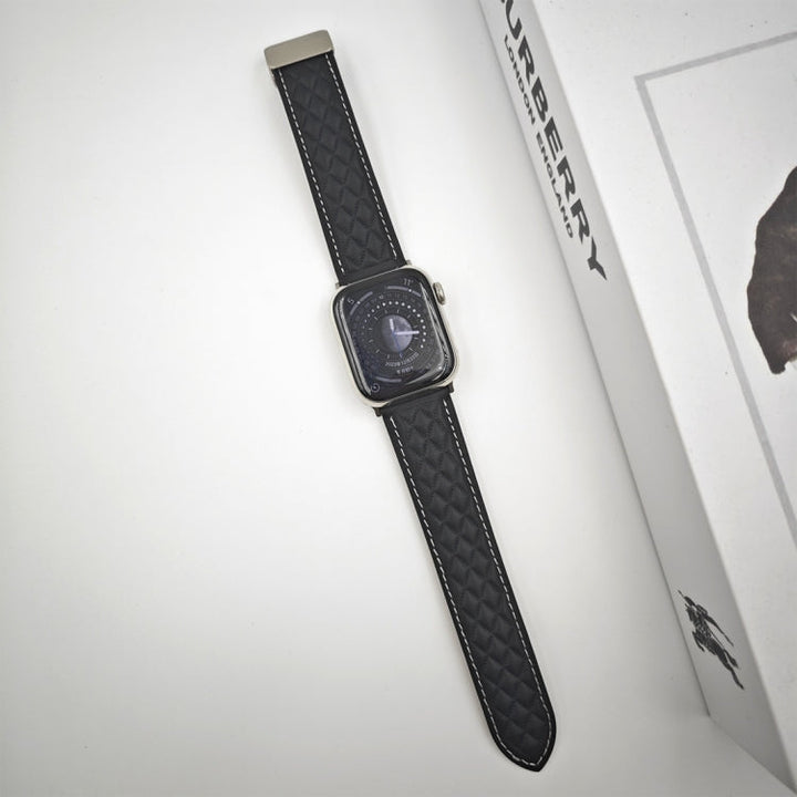 Lisslune | For Apple Watch Series 8 45mm Diamond Pattern Magnetic Foldover Leather Watch Band (Black)