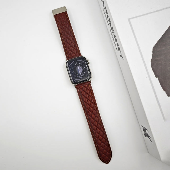 Lisslune | For Apple Watch Series 8 45mm Diamond Pattern Magnetic Fold Buckle Leather Watch Strap (Red)