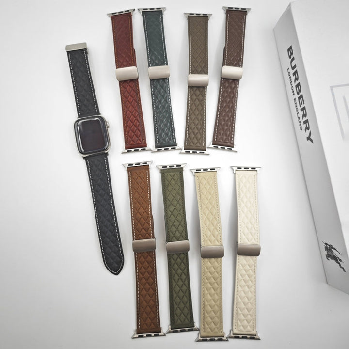 Lisslune | For Apple Watch Series 8 45mm Diamond Pattern Magnetic Foldover Leather Watch Band (Black)