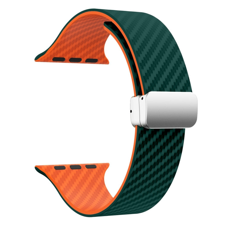 Lisslune | For Apple Watch SE 2023 44mm Carbon Fiber Magnetic Silver Buckle Watch Band (Dark Green Orange)
