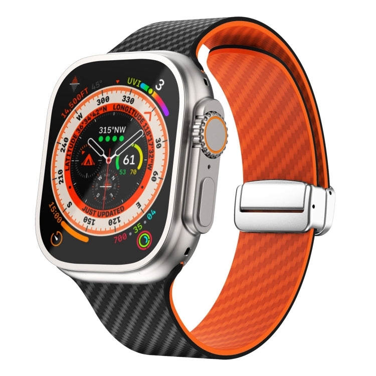 Lisslune | For Apple Watch Ultra 2 49mm Carbon Fiber Magnetic Silver Buckle Strap (Black Orange)