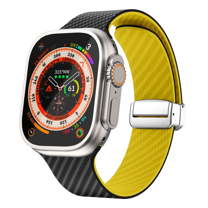 Lisslune | For Apple Watch Ultra 2 49mm Carbon Fiber Magnetic Silver Buckle Watch Band (Black Yellow)