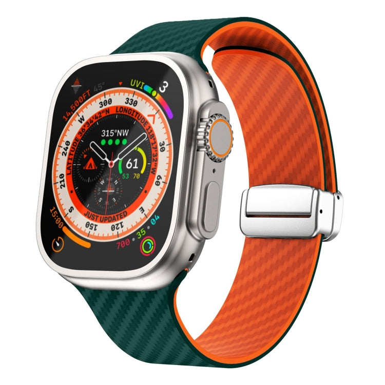 Lisslune | For Apple Watch Ultra 2 49mm Carbon Fiber Magnetic Silver Buckle Watch Band (Deep Green Orange)