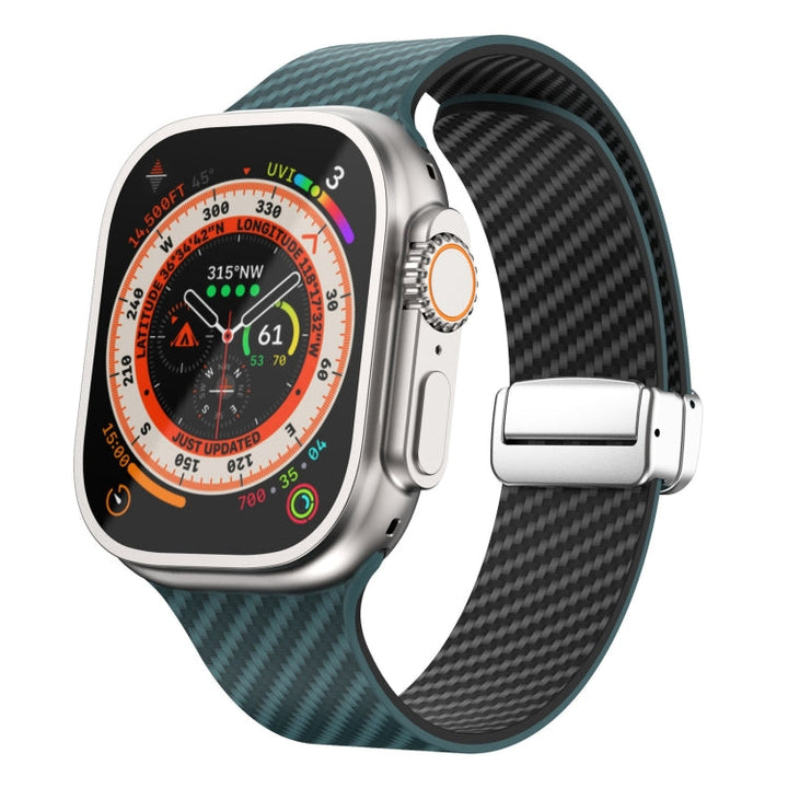 Lisslune | For Apple Watch Ultra 2 49mm Carbon Fiber Magnetic Silver Buckle Bracelet (Deep Green Black)