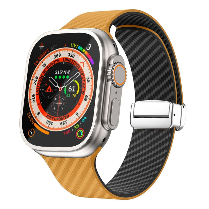 Lisslune | For Apple Watch Ultra 2 49 mm Carbon Fiber Magnetic Silver Buckle Watch Band (Light Brown Black)