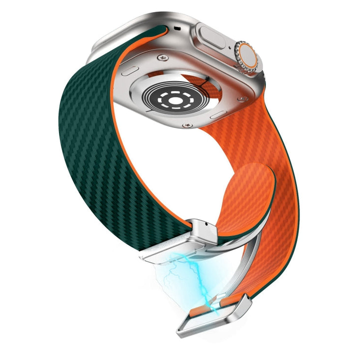 Lisslune | For Apple Watch Series 8 45mm Carbon Fiber Magnetic Silver Buckle Watch Strap (Deep Green Orange)