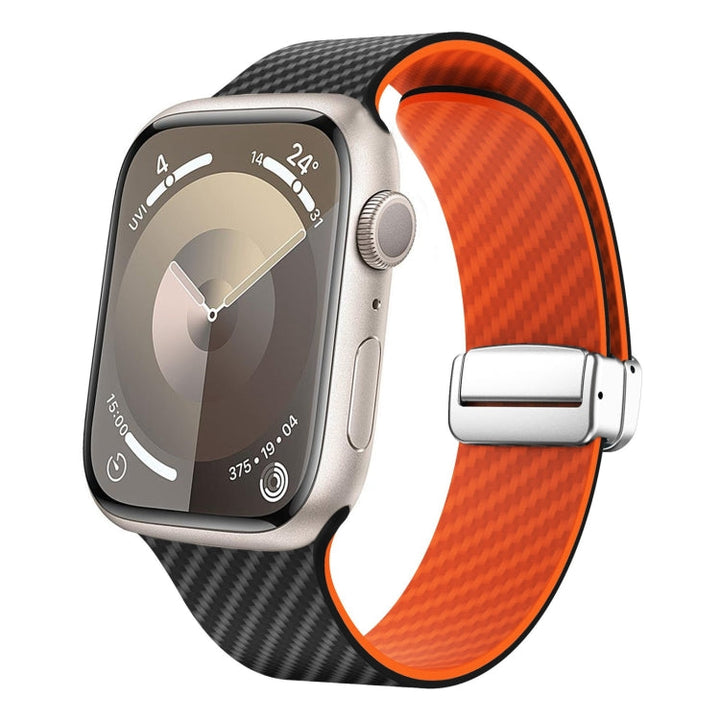 Lisslune | For Apple Watch SE 2022 40mm Carbon Fiber Magnetic Silver Buckle Watch Band (Black Orange)