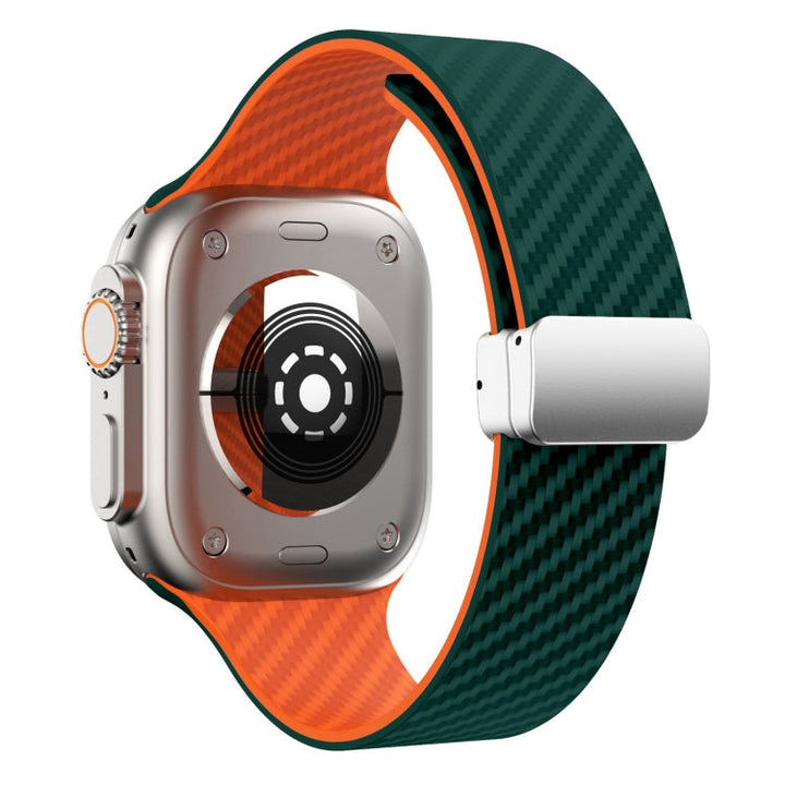 Lisslune | For Apple Watch SE 2022 40mm Carbon Fiber Magnetic Silver Belt Watch Band (Dark Green Orange)