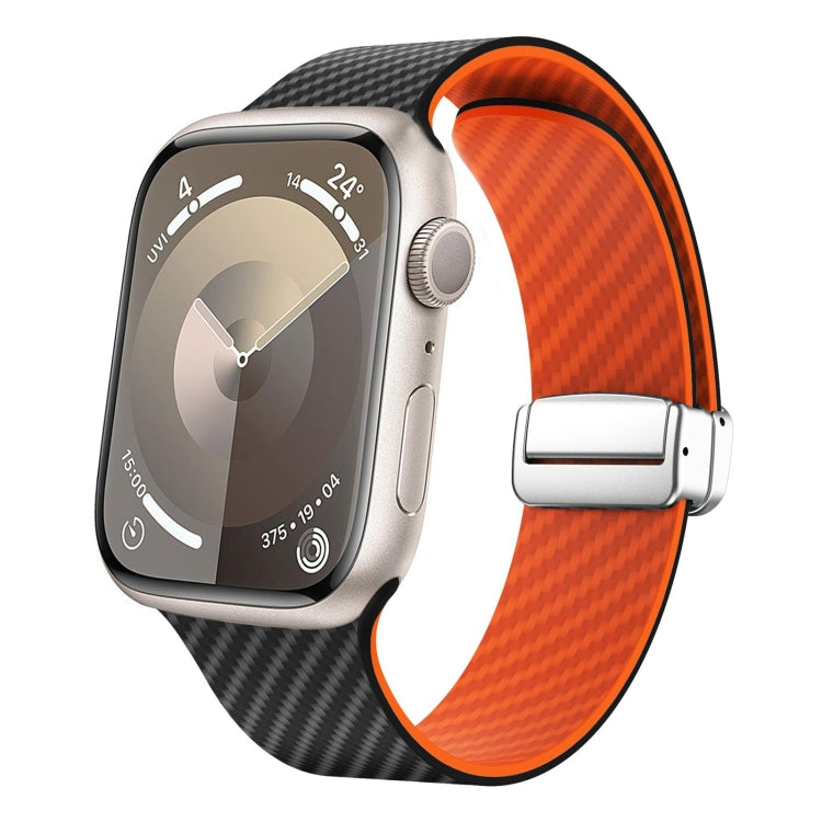 Lisslune | For Apple Watch SE 2022 44mm Carbon Fiber Magnetic Silver Buckle Watch Band (Black Orange)