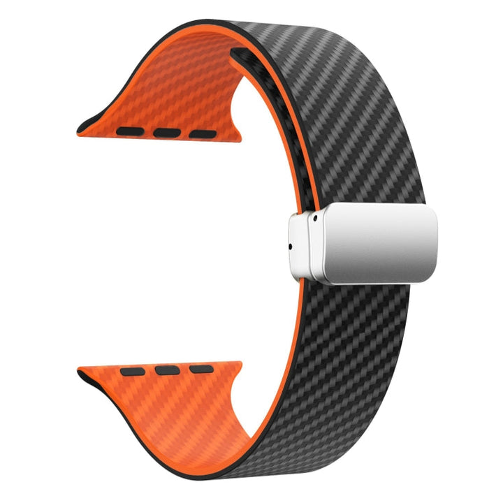 Lisslune | For Apple Watch SE 2022 44mm Carbon Fiber Magnetic Silver Buckle Watch Band (Black Orange)