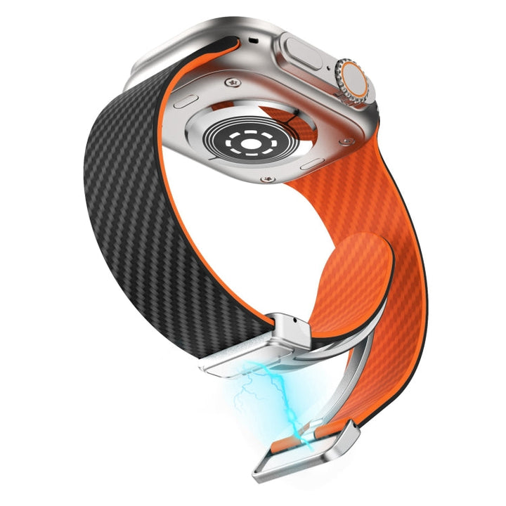 Lisslune | For Apple Watch SE 2022 44mm Carbon Fiber Magnetic Silver Buckle Watch Band (Black Orange)