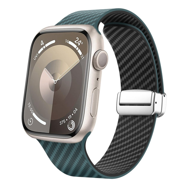 Lisslune | For Apple Watch SE 44mm Carbon Fiber Magnetic Silver Buckle Strap (Dark Green Black)