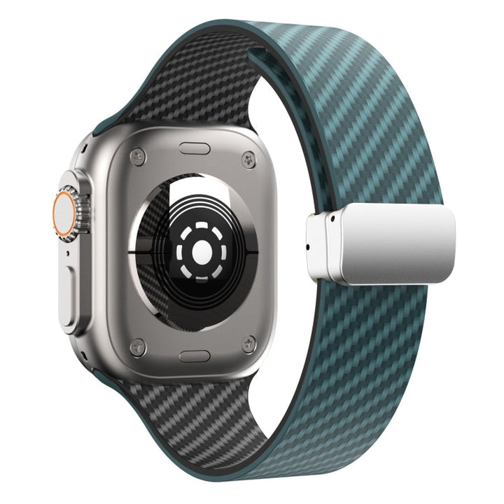 Lisslune | For Apple Watch SE 44mm Carbon Fiber Magnetic Silver Buckle Strap (Dark Green Black)