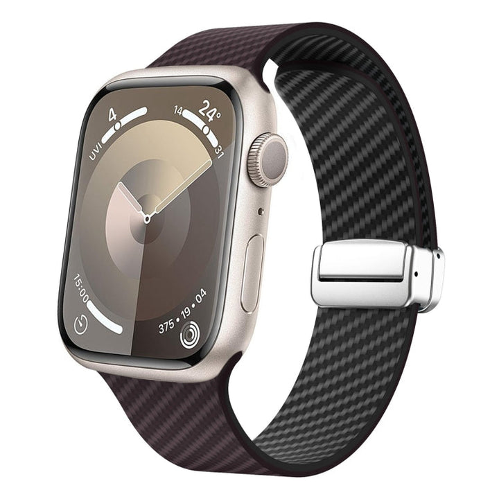 Lisslune | For Apple Watch SE 44mm Carbon Fiber Magnetic Silver Buckle Watch Band (Dark Brown Black)