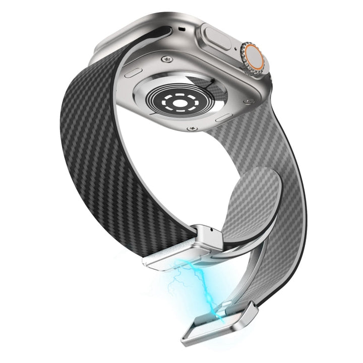 Lisslune | For Apple Watch Series 3 42mm Carbon Fiber Magnetic Silver Buckle Watch Strap (Black Gray)