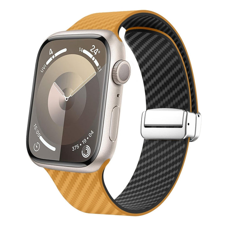 Lisslune | For Apple Watch Series 3 42mm Carbon Fiber Magnetic Silver Buckle Band (Light Brown Black)