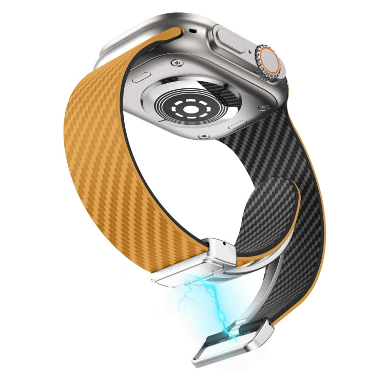 Lisslune | For Apple Watch Series 3 42mm Carbon Fiber Magnetic Silver Buckle Band (Light Brown Black)