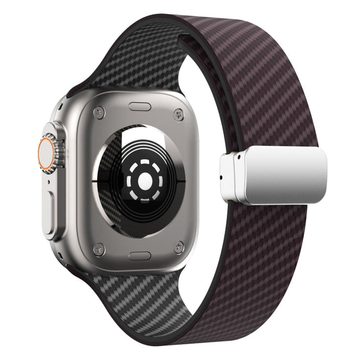 Lisslune | For Apple Watch Series 3 42mm Carbon Fiber Magnetic Silver Buckle Watch Band (Dark Brown Black)