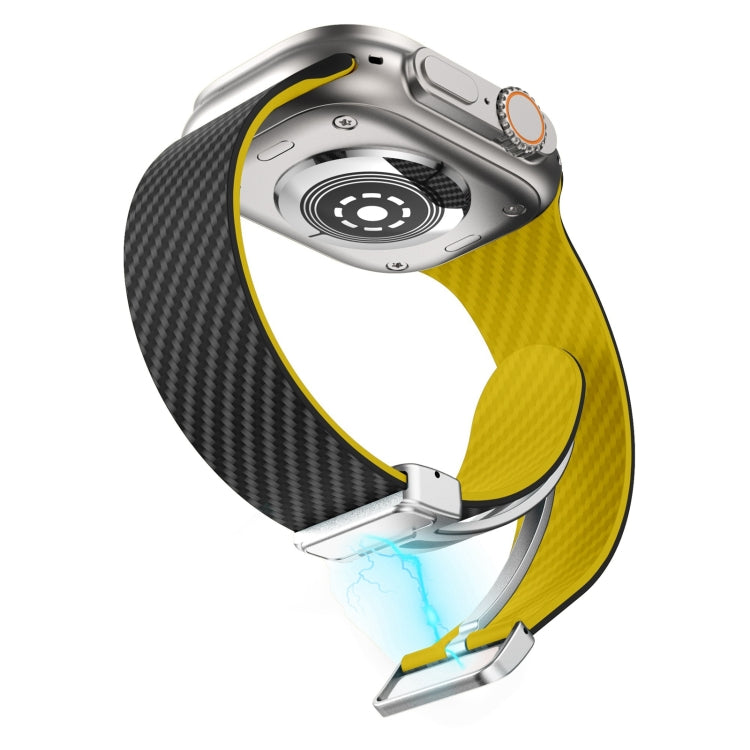 Lisslune | For Apple Watch Series 2 42mm Carbon Fiber Magnetic Silver Buckle Watch Strap (Black Yellow)