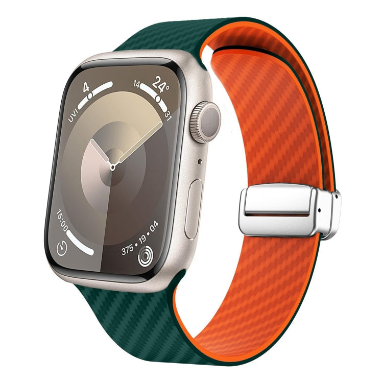 Lisslune | For Apple Watch Series 2 42mm Carbon Fiber Magnetic Silver Buckle Watch Band (Dark Green Orange)